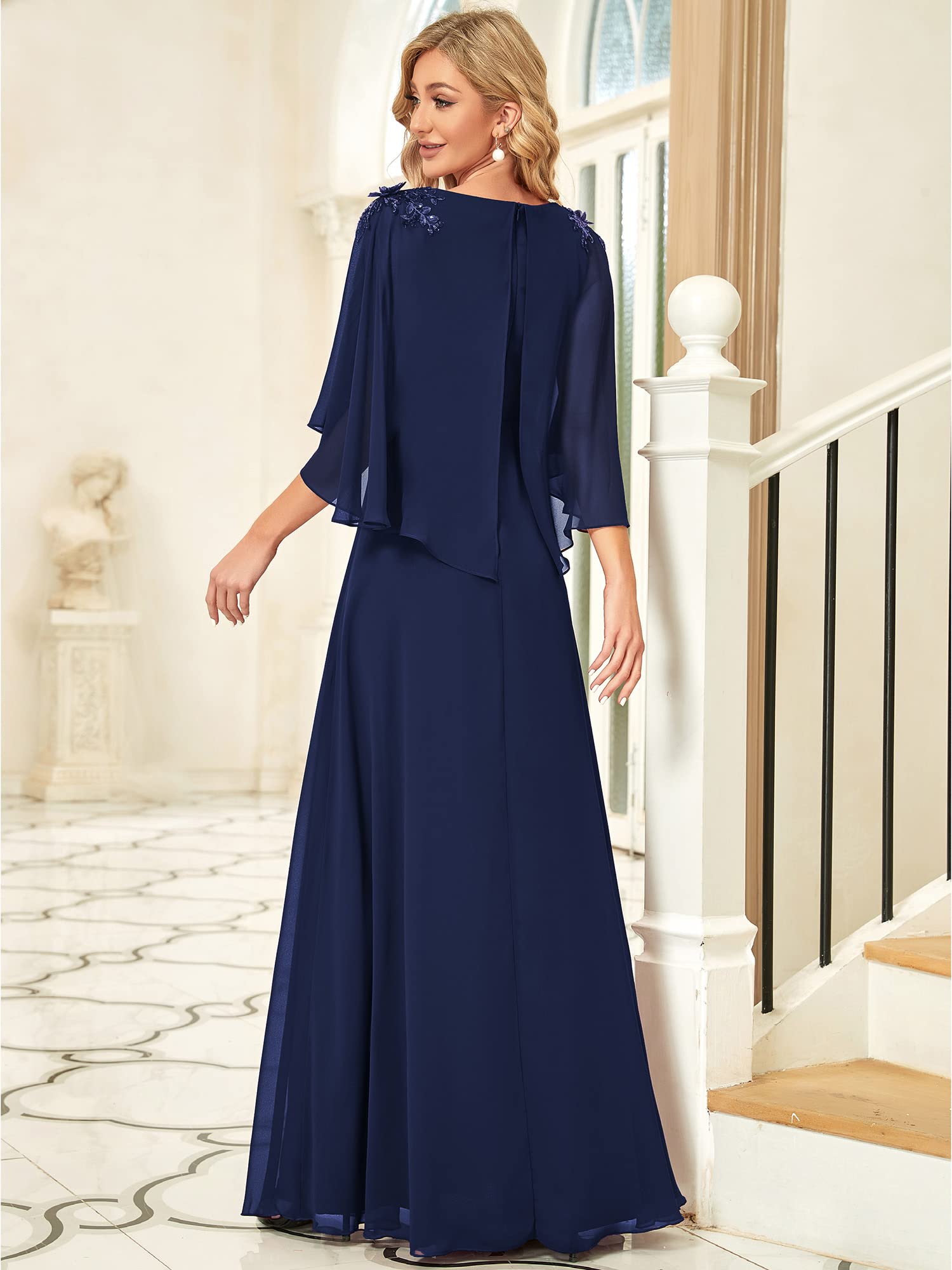 Ever-Pretty Women's Long Cape Sleeve Chiffon Maxi Evening Dress Navy Blue US4