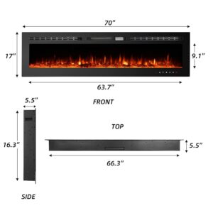 EROMMY 70 in Electric Fireplace Insert, Recessed and Wall Mounted Fireplace Linear Fireplace with Timer, Remote Control, Touch Screen, Overheating Protection, Log&Crystal, Adjustable Flame, 750/1500W