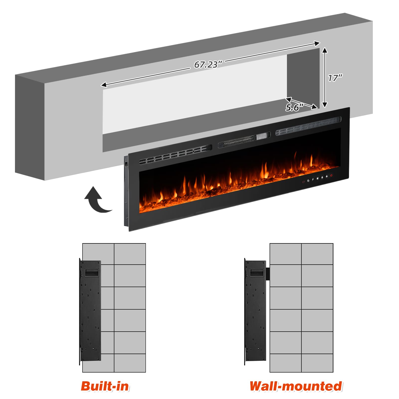 EROMMY 70 in Electric Fireplace Insert, Recessed and Wall Mounted Fireplace Linear Fireplace with Timer, Remote Control, Touch Screen, Overheating Protection, Log&Crystal, Adjustable Flame, 750/1500W