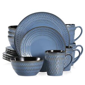 vancasso pluvo embossed dinner set, stoneware vintage look blue dinnerware tableware, 16 pieces dinner service set for 4, include dinner plate, dessert plate, cereal bowl and mug