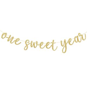 one sweet year banner, first birthday anniversary party decorations supplies for boys girls, sweet one bunting sign, 1st bday baby shower hanging ornament, pre-strung, photo props, gold glitter
