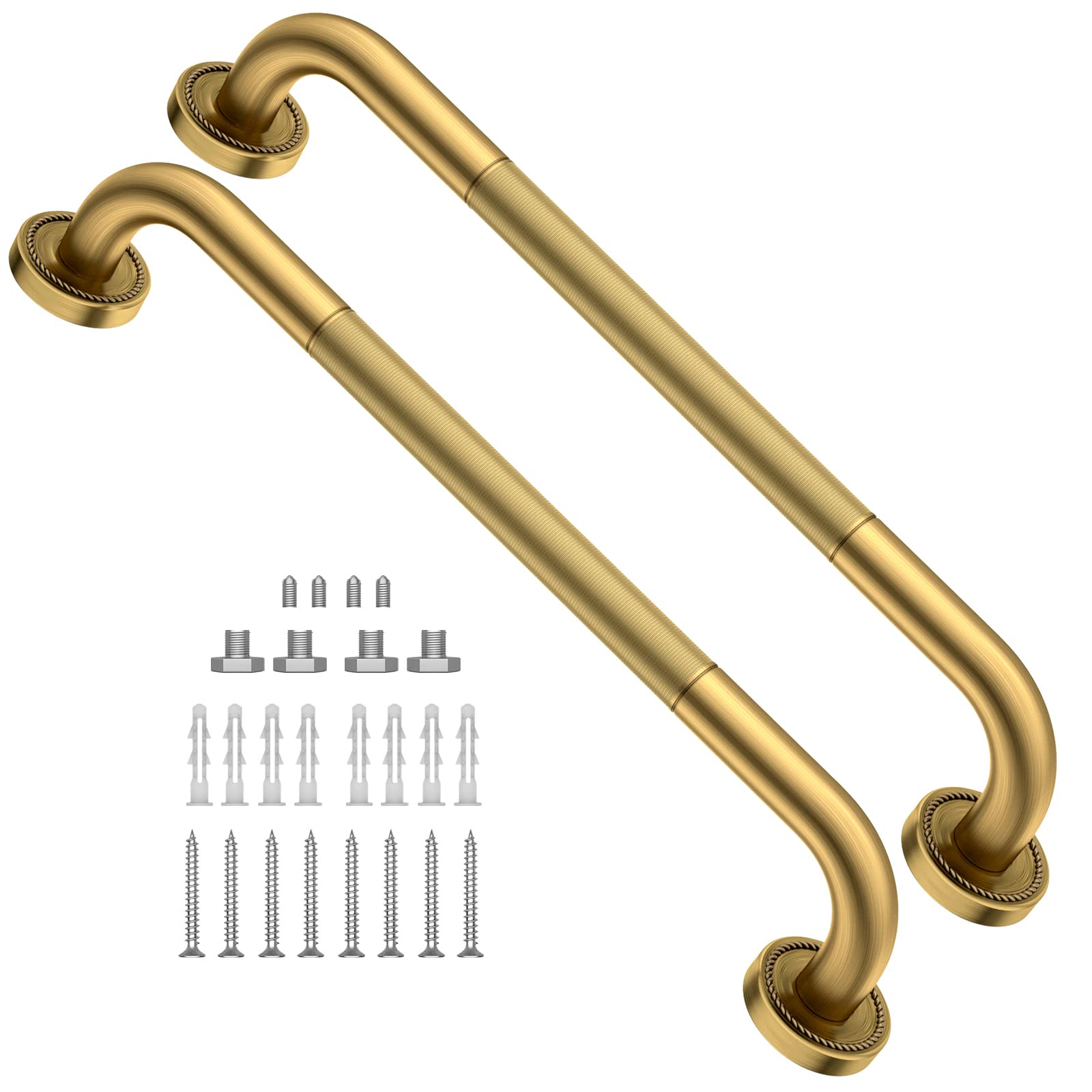 2 Pack 20 Inch Anti Slip Bronze Shower Grab Bar Polished Gold,ZUEXT Antique Brass Bathroom Grab Bar, Knurled Balance Bar,Safety Hand Rail Support Handicap Elderly Injury Senior Assist Bath Handle