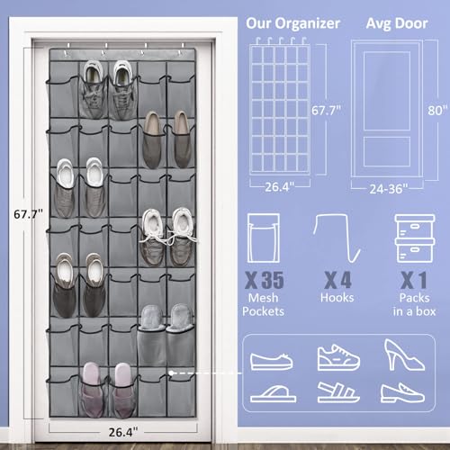 Over the Door Shoe Organizers 35 Mesh Pockets Hanging Shoe Organizer Shoe Rack for Closet Entryway Bedroom Bathroom Pantry Shoe Holder for Men Sneakers, Women High Heeled Shoes, flip flops Gray