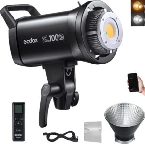 godox sl100bi 100w bi-color led video light, 32100lux@1m 2800k-6500k cri96+ tlci97+ bowens mount led continuous lighting for photography, 11 fx effects studio led with rc-a6 remote