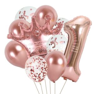 kungoon 1st birthday balloon,rose gold number 1 mylar balloon,funny sweet 1st birthday crown aluminum foil balloon decoration for baby girl.