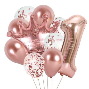 KUNGOON 1st Birthday Balloon,Rose Gold Number 1 Mylar Balloon,Funny Sweet 1st Birthday Crown Aluminum Foil Balloon Decoration for baby girl.