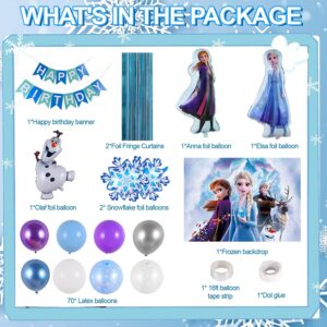 Frozen Birthday Party Supplies, Frozen Party Decorations 82 PCS Include Frozen Backdrop Snowflake Balloon Garland Arch Kit, Elsa, Anna and Olaf Foil Balloon and Happy Birthday Banner for Kids Birthday