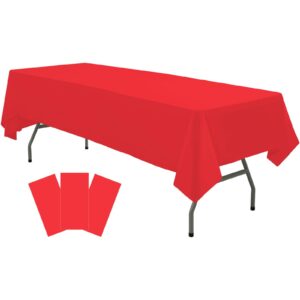 plastic red tablecloths 3 pack disposable table covers 54 x 108 inch ruby shine red table cloths for parties anniversary thanksgiving christmas graduation wedding, fits 6 to 8 foot rectangle tables