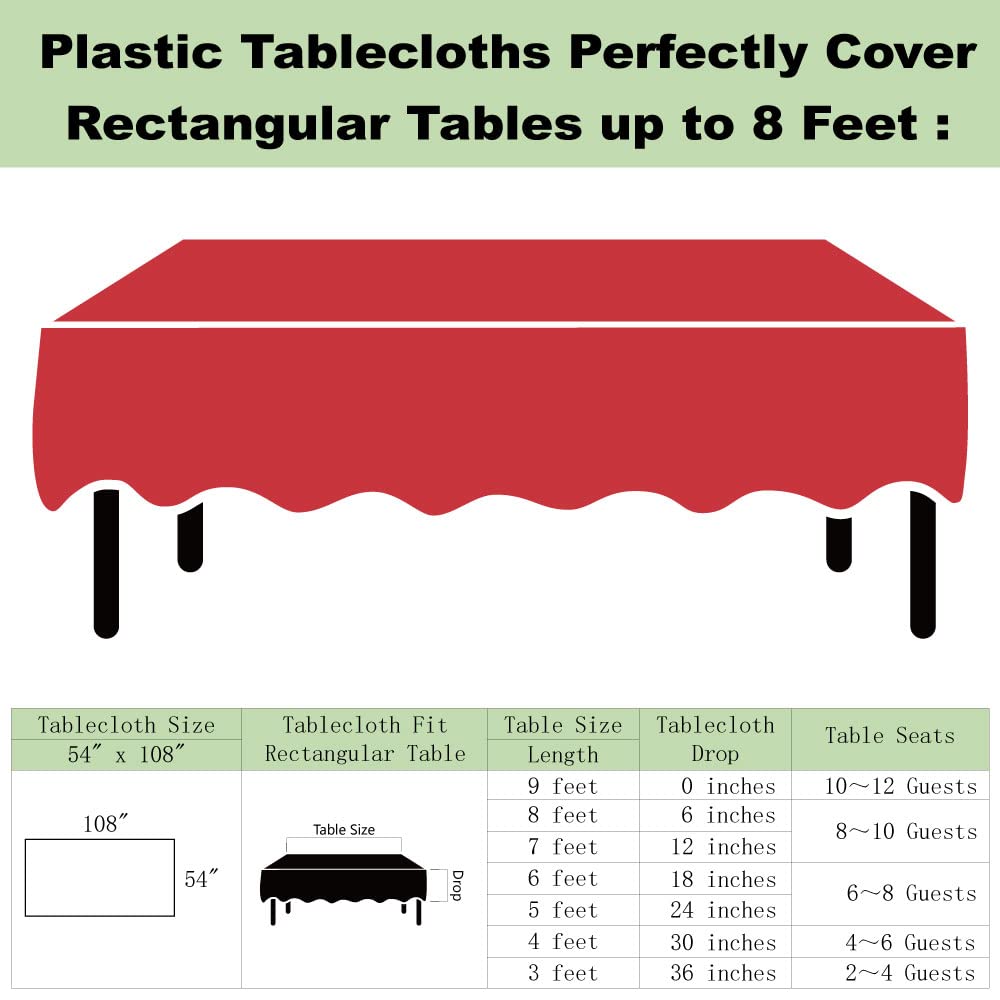 Plastic Red Tablecloths 3 Pack Disposable Table Covers 54 x 108 Inch Ruby Shine Red Table Cloths for Parties Anniversary Thanksgiving Christmas Graduation Wedding, Fits 6 to 8 Foot Rectangle Tables