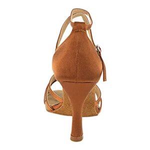 Very Fine Dancesport Shoes - Ladies' Salsa, Latin, Rhythm Ballroom Dance Shoes SERA6005 Dark Tan Satin & Heel Protectors (3" Heel, Size 5.5)