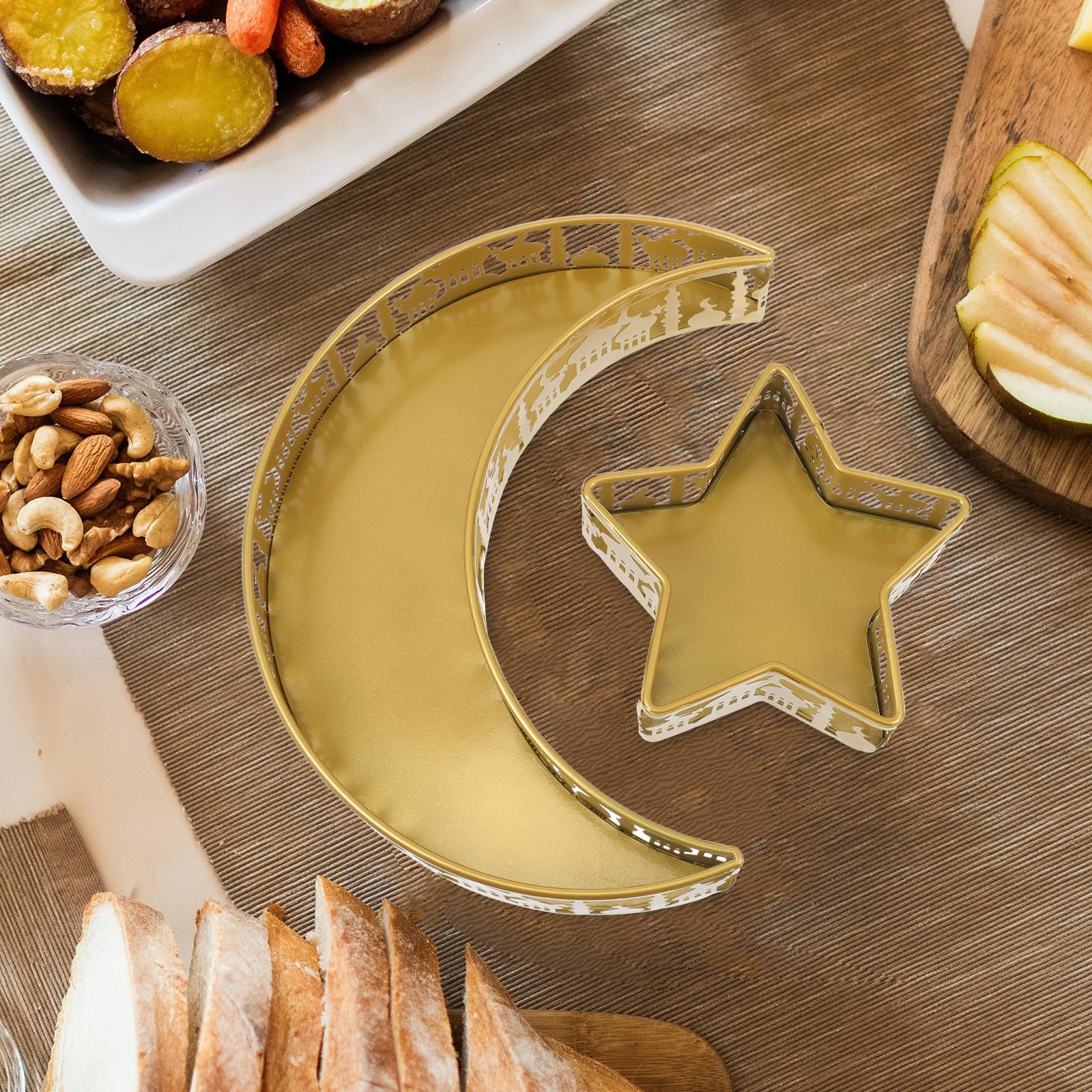 Star Moon Shaped Ramadan Tray: 2Pcs Ramadan Kareem Iron Tray Eid Mubarak Candy Dessert Tray Islam Muslim Party Festival Table Decor
