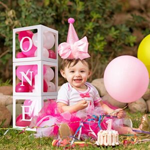 JeuntGoo ONE Balloon Boxes for 1st Birthday, First Birthday Decorations for Girl Boy, 3 Baby Clear Block Cubes with Letters as Photoshoot Props, Cake Smash Party Backdrop-Reusable for 2nd Birthday…