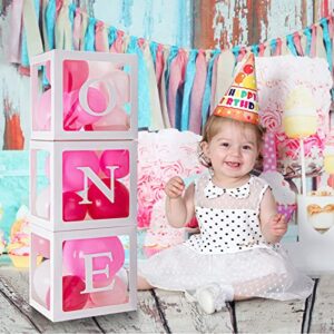 JeuntGoo ONE Balloon Boxes for 1st Birthday, First Birthday Decorations for Girl Boy, 3 Baby Clear Block Cubes with Letters as Photoshoot Props, Cake Smash Party Backdrop-Reusable for 2nd Birthday…