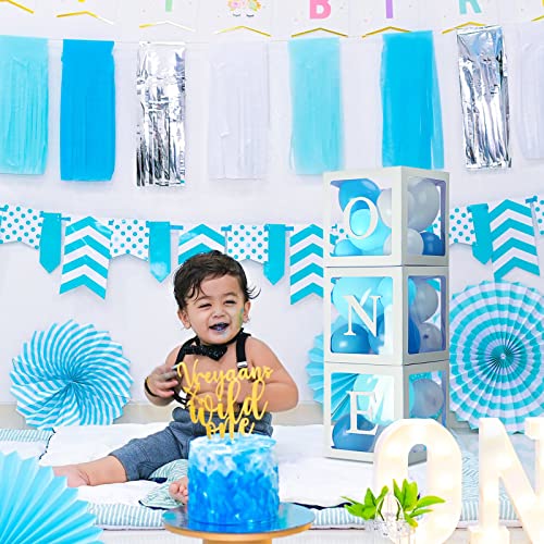 JeuntGoo ONE Balloon Boxes for 1st Birthday, First Birthday Decorations for Girl Boy, 3 Baby Clear Block Cubes with Letters as Photoshoot Props, Cake Smash Party Backdrop-Reusable for 2nd Birthday…