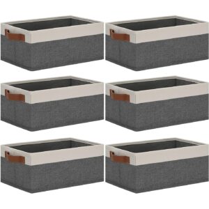 ghvyennttes small fabric storage bins 6 pack, storage basket with leather handles, closet storage bins for shelves, storage baskets for shelves, home, office (grey/white, 11.8" x 7.87" x 5.11")