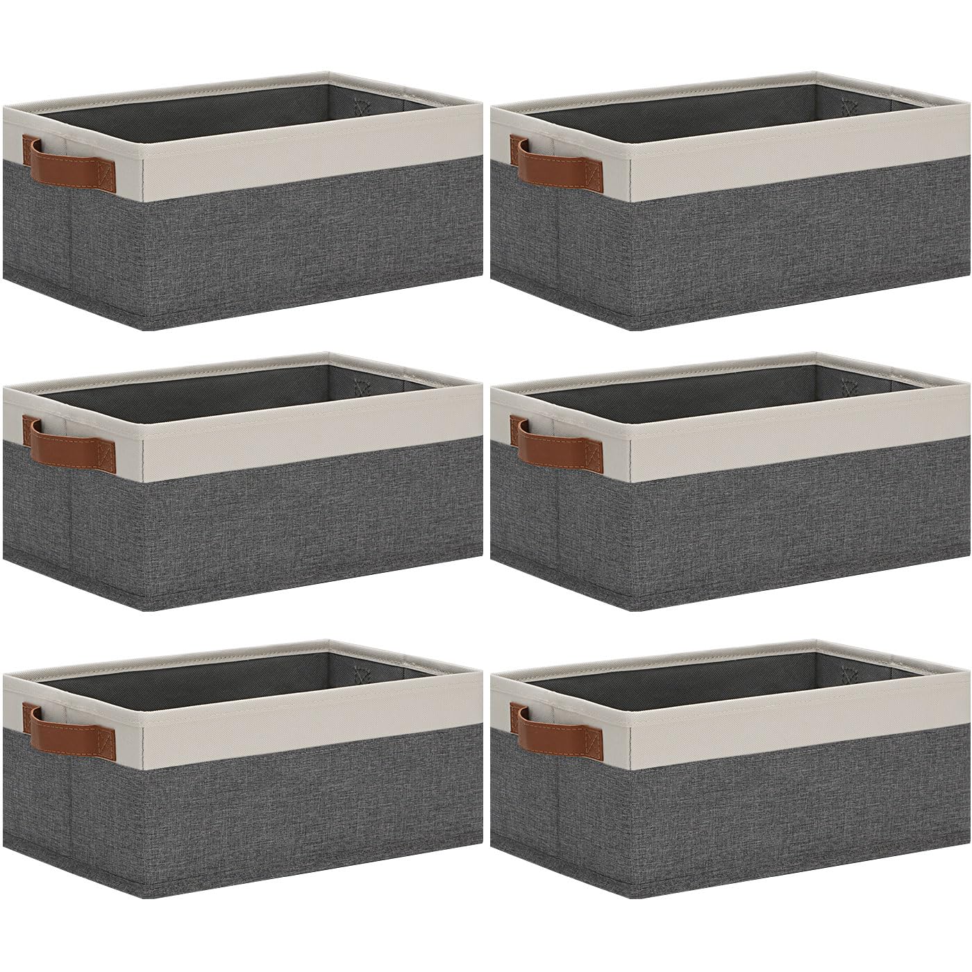 GhvyenntteS Small Fabric Storage Bins 6 Pack, Storage Basket with Leather Handles, Closet Storage Bins for Shelves, Storage Baskets for Shelves, Home, Office (Grey/White, 11.8" x 7.87" x 5.11")