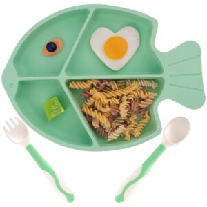 nicingu baby feeding dish sets with spoon and forks,nicingu 3 pcs/sets divided silicone suction plates utensils for toddler kids bpa free microwave dishwasher safe-plate green fish sets…