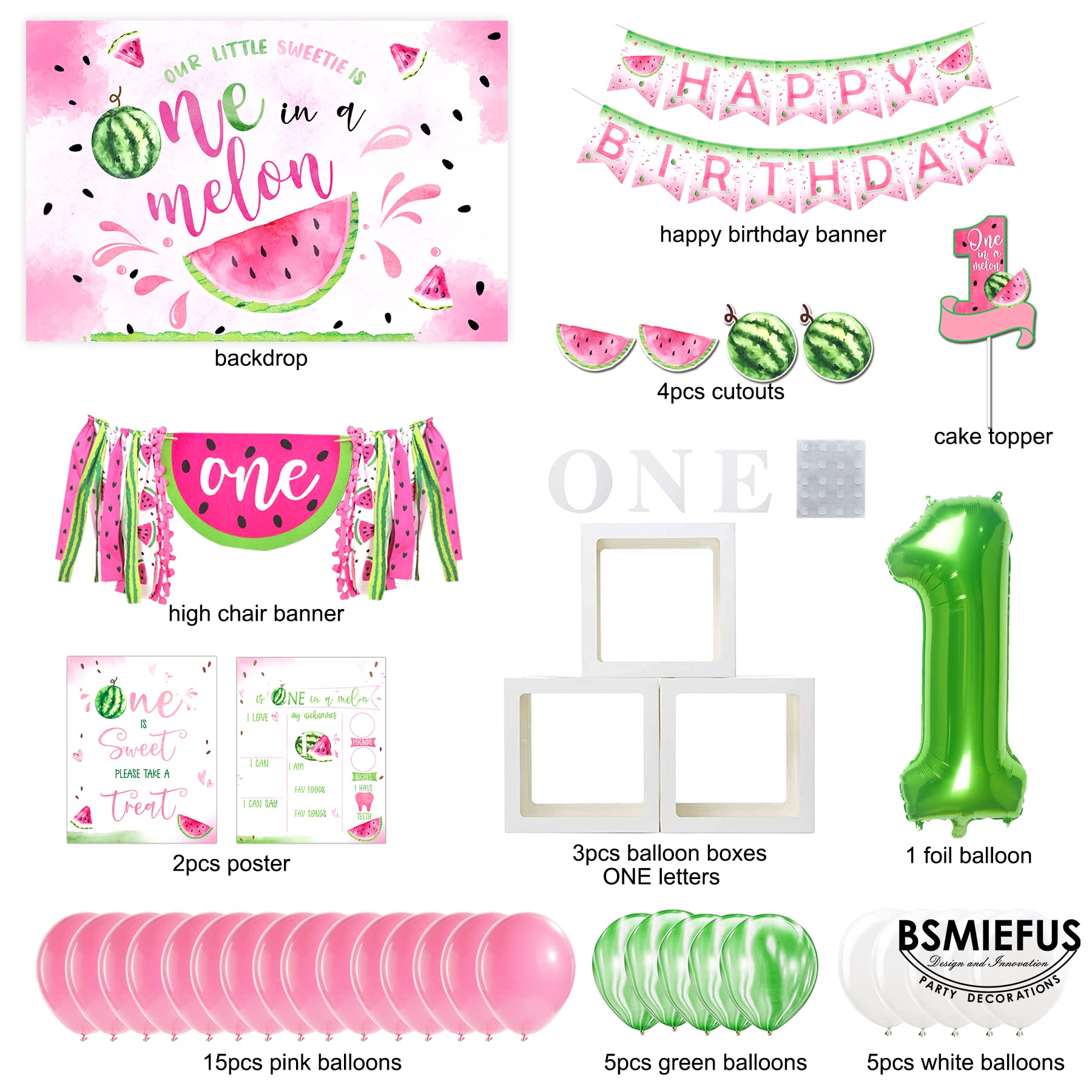 One in A Melon Party Decorations, Watermelon First Birthday Party Supplies, Watermelon Birthday Party Supplies, One in a Melon Backdrop High Chair Banner, Baby 1st Birthday Balloon Boxes for Girl 1st Birthday Party