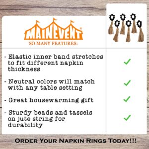 Wood Bead Napkin Rings Set of 6, Stretchable Farmhouse Napkin Ring 6, Elastic Boho Napkin Rings, Beaded Napkin Rings, Wood Napkin Ring Rustic Napkin Rings, Wooden Napkin Rings Fall Napkin Rings Tassel