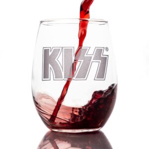 kiss logo etched stemless wine glass - officially licensed, premium quality, handcrafted glassware, 15 oz. - perfect collectible gift for rock music fans, birthdays, & kiss enthusiasts