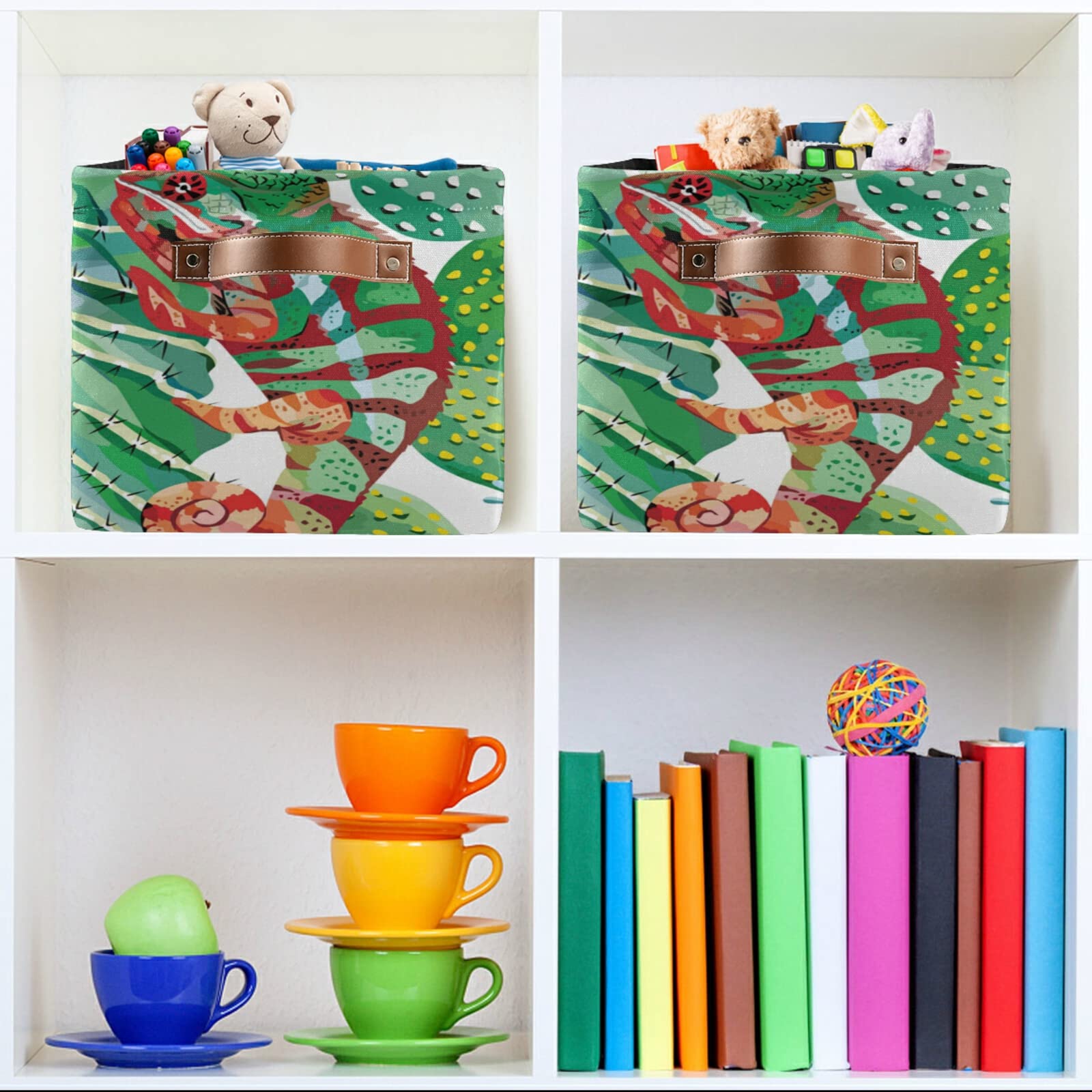 Animal Chameleon Tropical Cactus Storage Bin Canvas Toys Storage Basket Bin Large Storage Cube Box Collapsible with Handles for Home Office Bedroom Closet Shelves,2 pcs