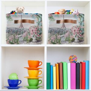 Paris Eiffel Tower Flower Paint Storage Bin Canvas Toys Storage Basket Bin Large Storage Cube Box Collapsible with Handles for Home Office Bedroom Closet Shelves,2 pcs