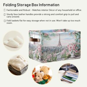 Paris Eiffel Tower Flower Paint Storage Bin Canvas Toys Storage Basket Bin Large Storage Cube Box Collapsible with Handles for Home Office Bedroom Closet Shelves,2 pcs