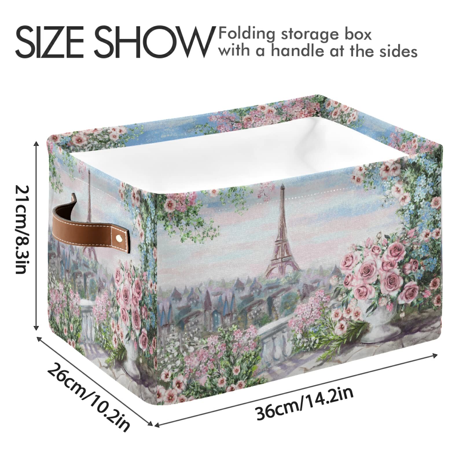 Paris Eiffel Tower Flower Paint Storage Bin Canvas Toys Storage Basket Bin Large Storage Cube Box Collapsible with Handles for Home Office Bedroom Closet Shelves,2 pcs