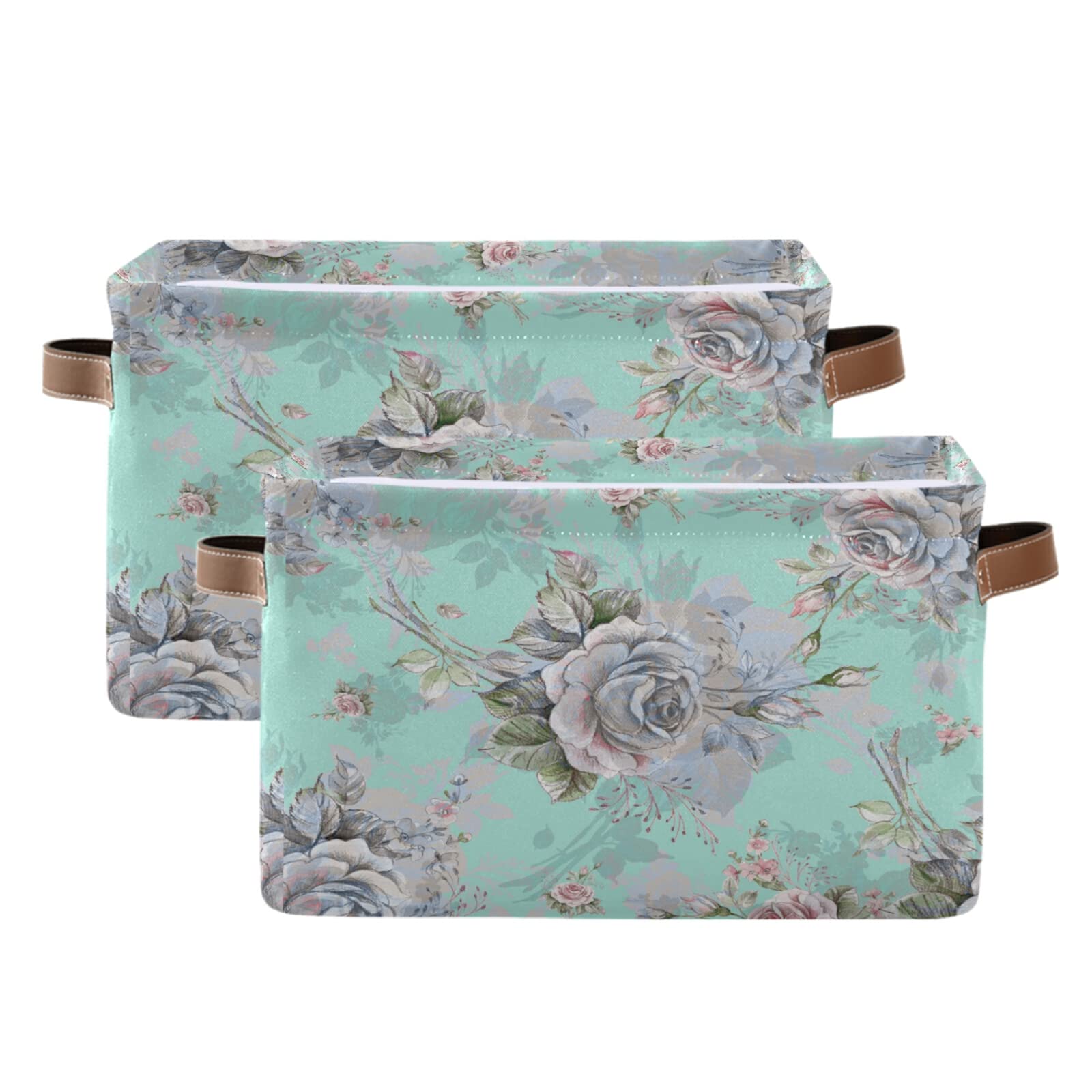 Floral Flower Rose Pattern Storage Bin Canvas Toys Storage Basket Bin Large Storage Cube Box Collapsible with Handles for Home Office Bedroom Closet Shelves,2 pcs