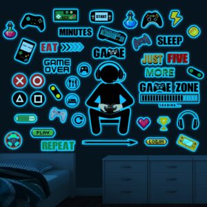 Gamer Wall Decals Stickers Glow in The Dark Wall Decals Game Wall Stickers Gaming Controller Wall Decals Game Room Decor Video Game Decal for Boys Kids Girls Bedoom Playroom Wall Decor… (Sky Blue)