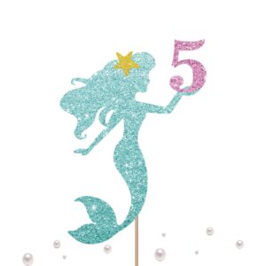 mermaid 5 cake topper, happy 5th birthday cake decor for baby girl, little mermaid birthday party decoration, under the sea themed party supplies - blue glitter