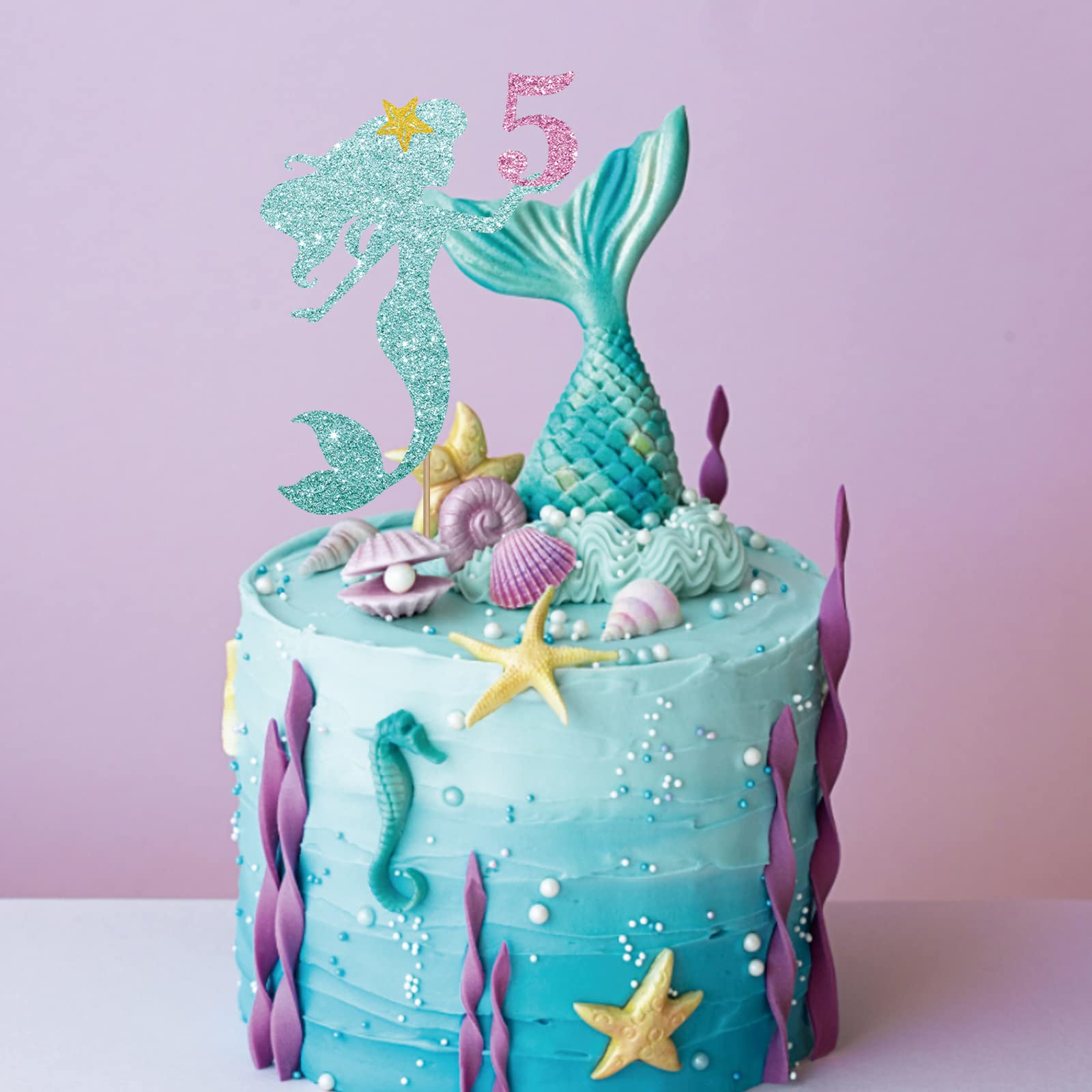 Mermaid 5 Cake Topper, Happy 5th Birthday Cake Decor for Baby Girl, Little Mermaid Birthday Party Decoration, Under the Sea Themed Party Supplies - Blue Glitter