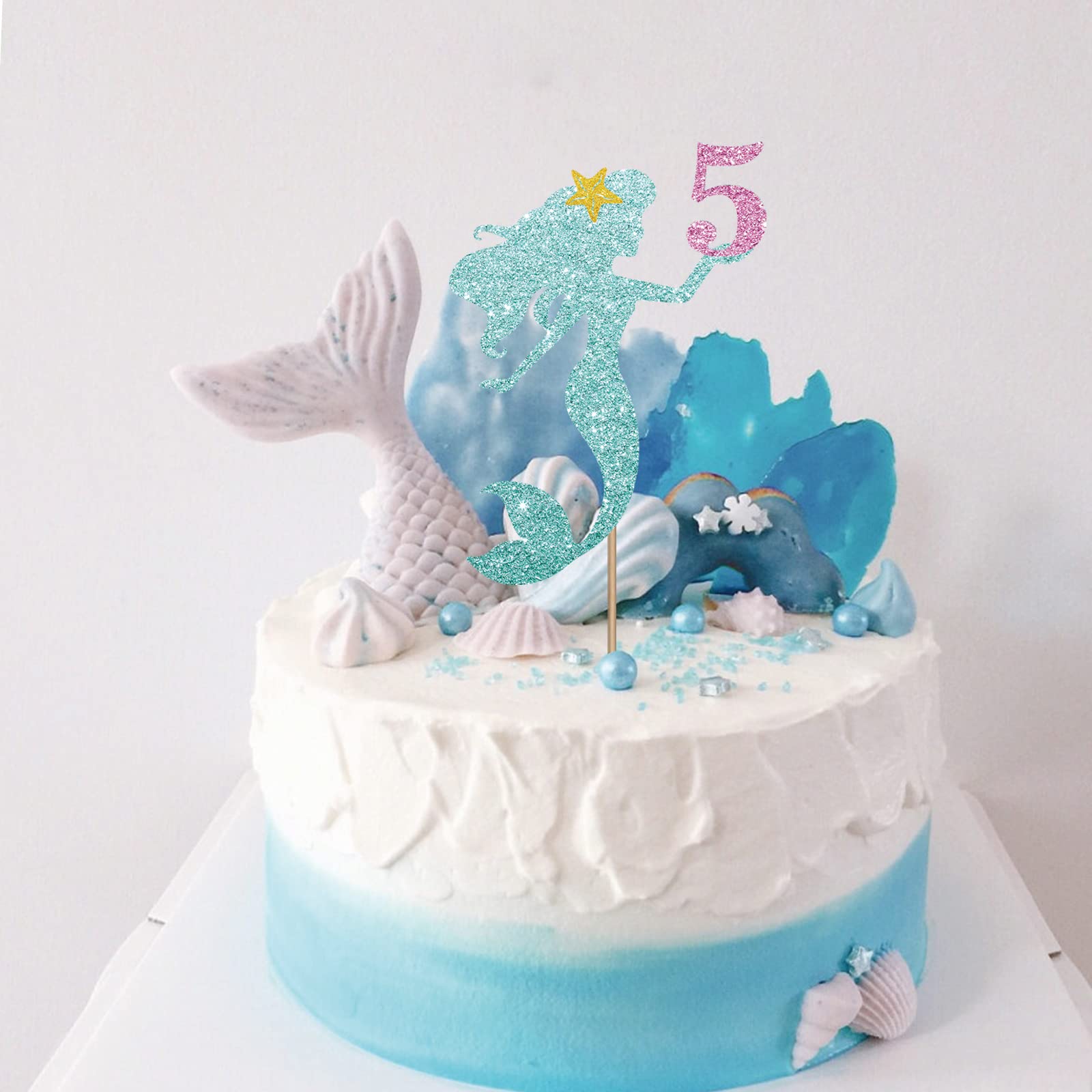 Mermaid 5 Cake Topper, Happy 5th Birthday Cake Decor for Baby Girl, Little Mermaid Birthday Party Decoration, Under the Sea Themed Party Supplies - Blue Glitter