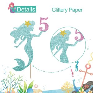 Mermaid 5 Cake Topper, Happy 5th Birthday Cake Decor for Baby Girl, Little Mermaid Birthday Party Decoration, Under the Sea Themed Party Supplies - Blue Glitter