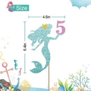 Mermaid 5 Cake Topper, Happy 5th Birthday Cake Decor for Baby Girl, Little Mermaid Birthday Party Decoration, Under the Sea Themed Party Supplies - Blue Glitter