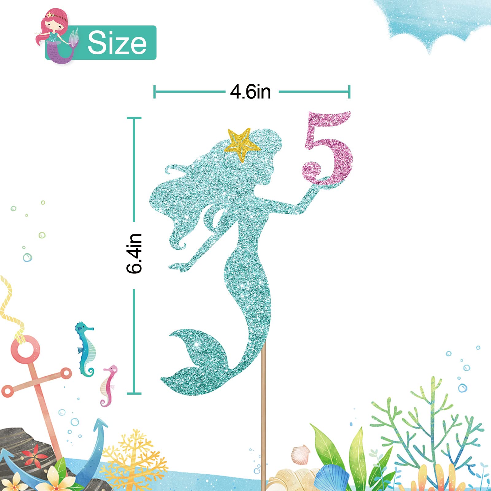 Mermaid 5 Cake Topper, Happy 5th Birthday Cake Decor for Baby Girl, Little Mermaid Birthday Party Decoration, Under the Sea Themed Party Supplies - Blue Glitter