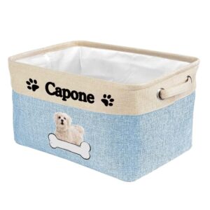 malihong personalized dog cute maltese poodle bone decorative storage basket fabric toy box with 2 handles for organizing closet garage clothes blankets blue and white