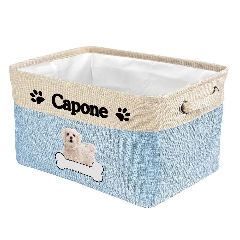 MALIHONG Personalized Dog Cute Maltese Poodle Bone Decorative Storage Basket Fabric Toy Box with 2 Handles for Organizing Closet Garage Clothes Blankets Blue and White