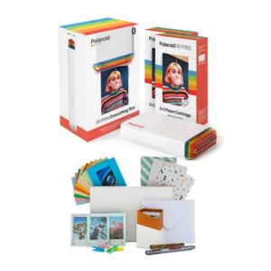 polaroid originals hi-print bluetooth photo printer bundle with cartridge (2-pack) and film kit with acrylic frames, hanging frames, and stationery storage box (4 items)