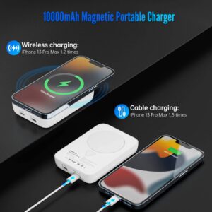 ZEROLEMON Magnetic Power Bank with Watch Charger, 10,000mAh MagJuice 3 in 1 Mag-Safe Battery Pack, 20W USB C Portable Wireless Charger, Compatible with Apple Watch, iPhone 12/13/14/15 Pro Max – White