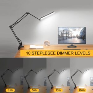 Desk Lamps for Home Office, 2-in-1 LED Desk Lamp, 3-Section Long Arm Desk Light with Clamp and Base, Adjustable Table Lamp with 3 Colors Modes, 10 Dimmer Levels and Memory Function
