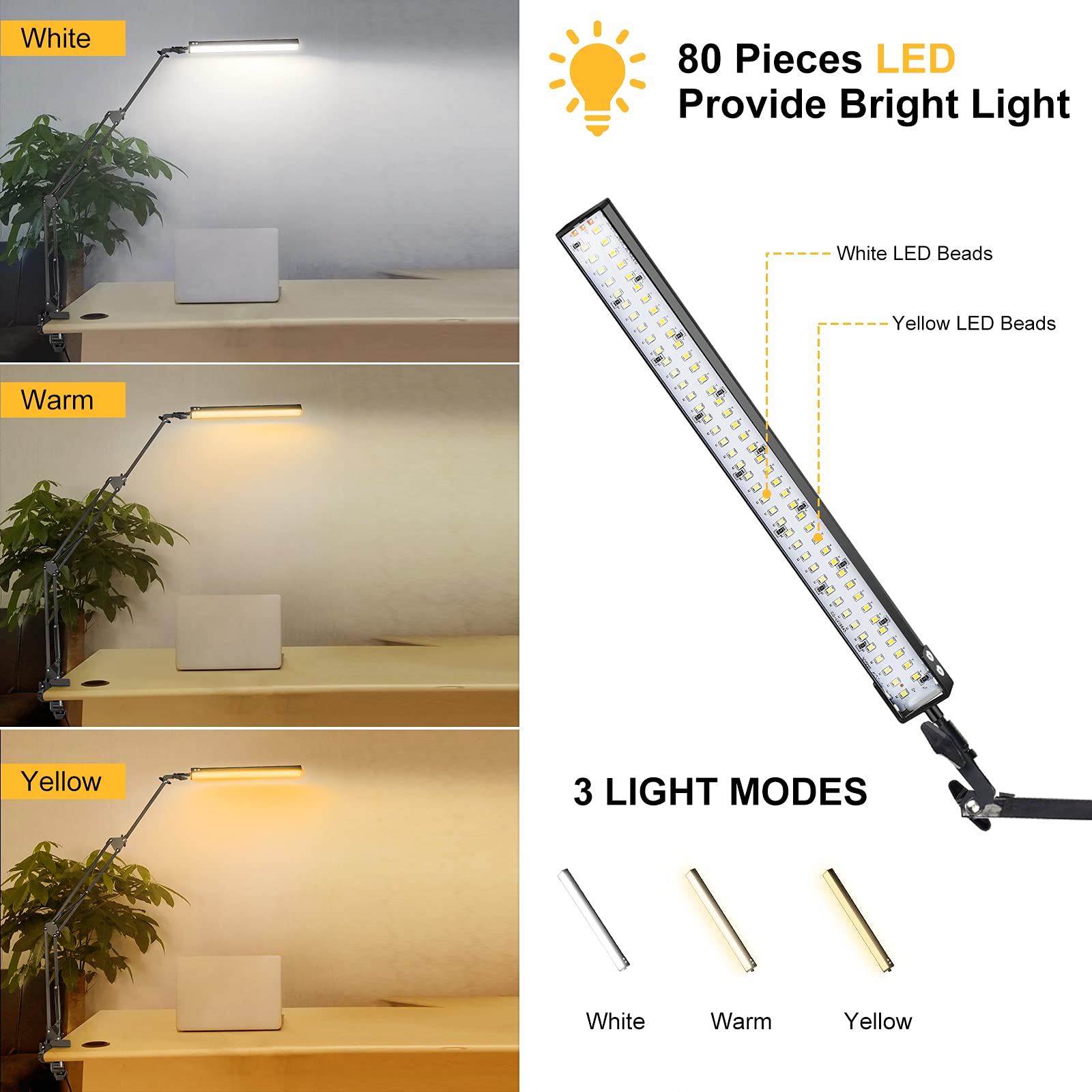 Desk Lamps for Home Office, 2-in-1 LED Desk Lamp, 3-Section Long Arm Desk Light with Clamp and Base, Adjustable Table Lamp with 3 Colors Modes, 10 Dimmer Levels and Memory Function