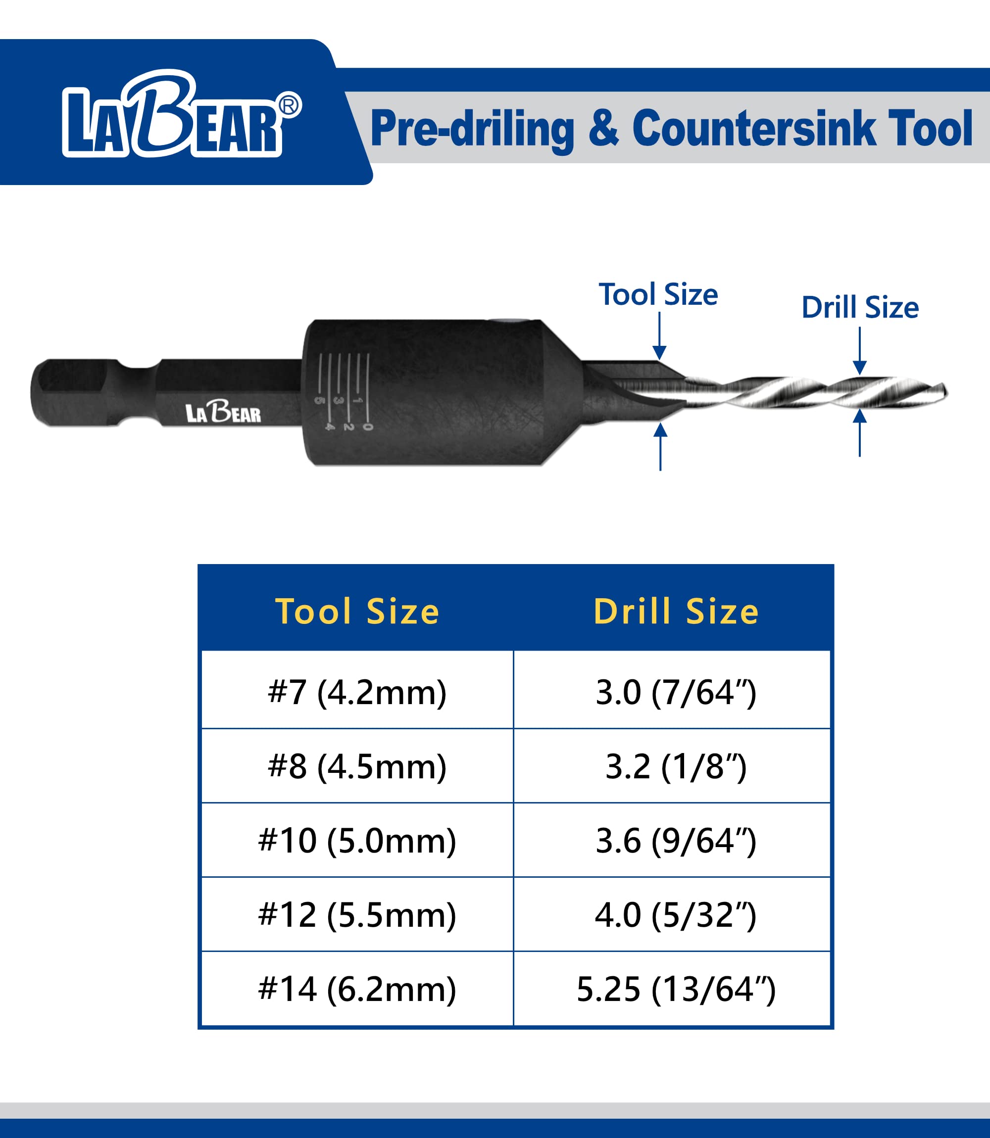 LaBear (#8) Countersink Drill bit Set, Countersink Drill bit, Countersink bit with Replaceable HSS Drill, 1/4" Hex Quick-Change Bits, Adjustable Low Friction Depth