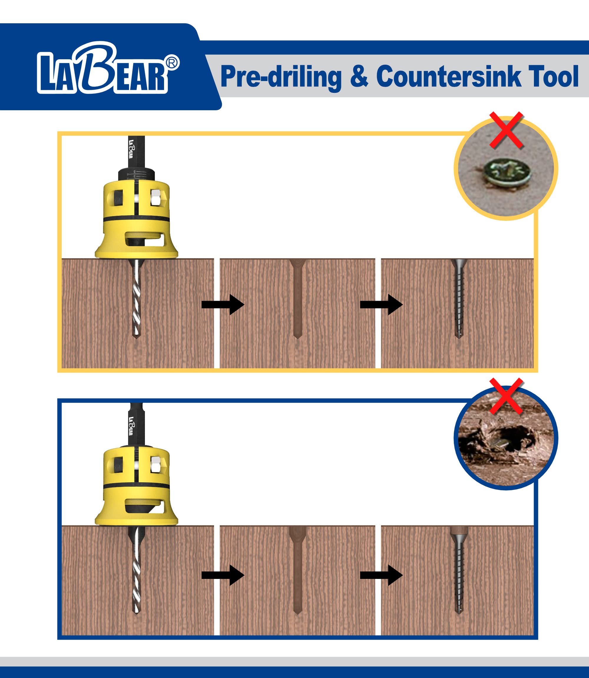 LaBear (#8) Countersink Drill bit Set, Countersink Drill bit, Countersink bit with Replaceable HSS Drill, 1/4" Hex Quick-Change Bits, Adjustable Low Friction Depth