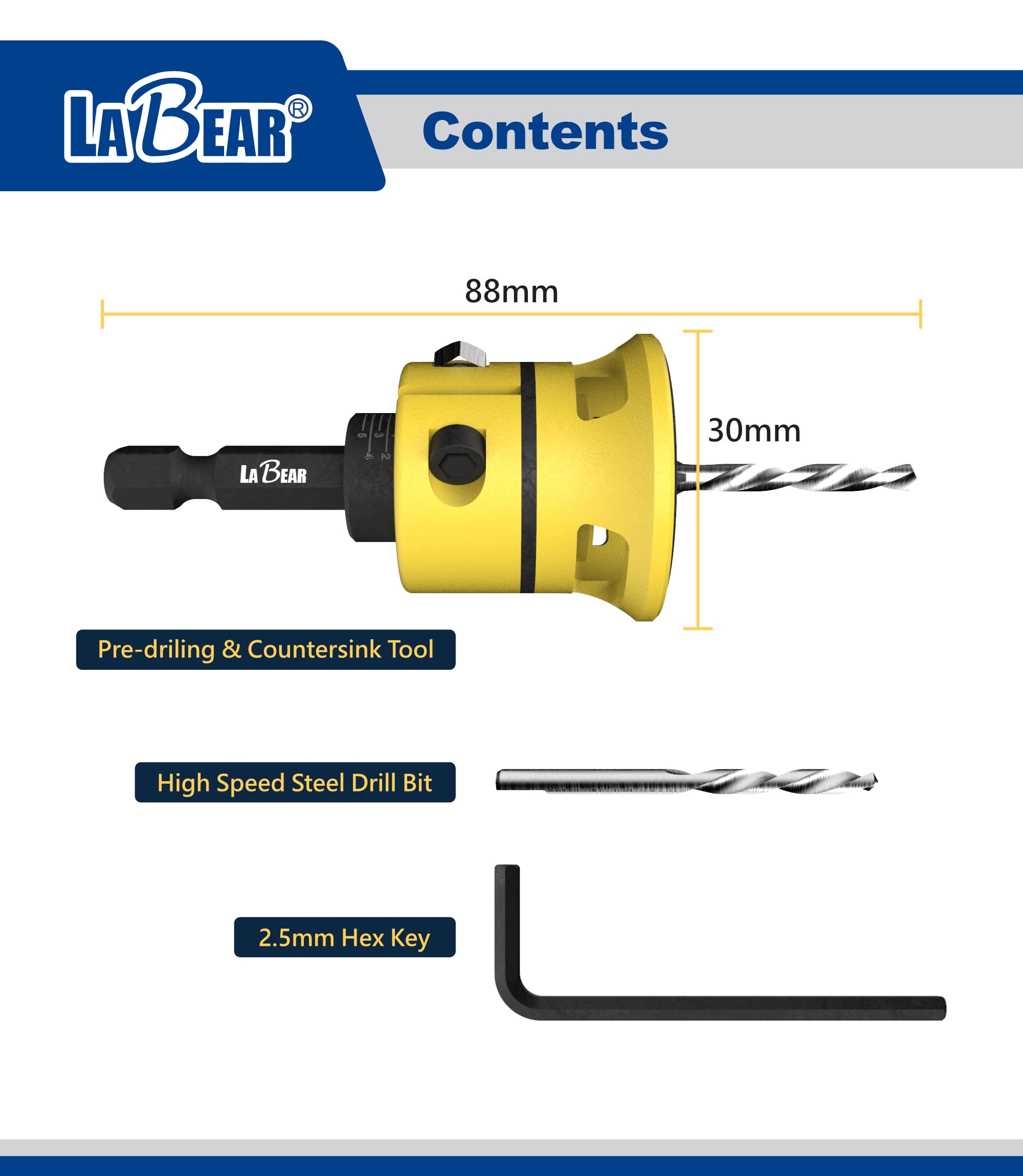 LaBear (#8) Countersink Drill bit Set, Countersink Drill bit, Countersink bit with Replaceable HSS Drill, 1/4" Hex Quick-Change Bits, Adjustable Low Friction Depth