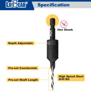 LaBear (#8) Countersink Drill bit Set, Countersink Drill bit, Countersink bit with Replaceable HSS Drill, 1/4" Hex Quick-Change Bits, Adjustable Low Friction Depth
