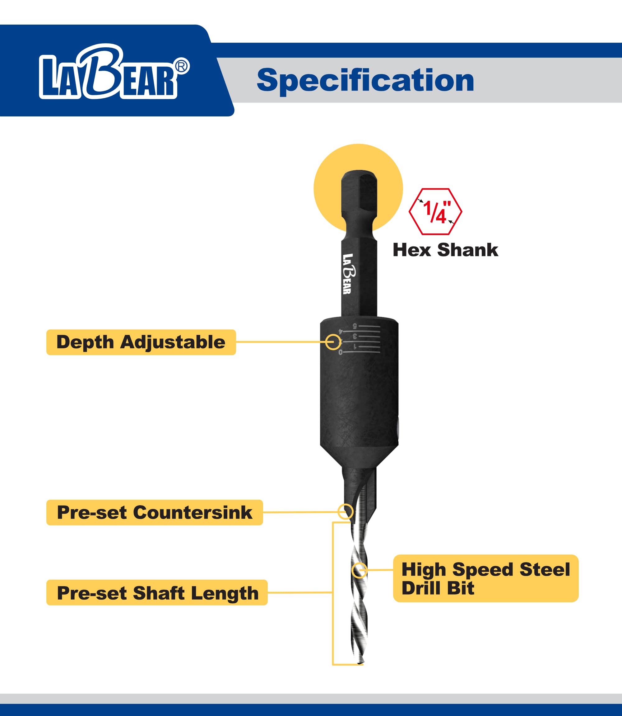 LaBear (#8) Countersink Drill bit Set, Countersink Drill bit, Countersink bit with Replaceable HSS Drill, 1/4" Hex Quick-Change Bits, Adjustable Low Friction Depth