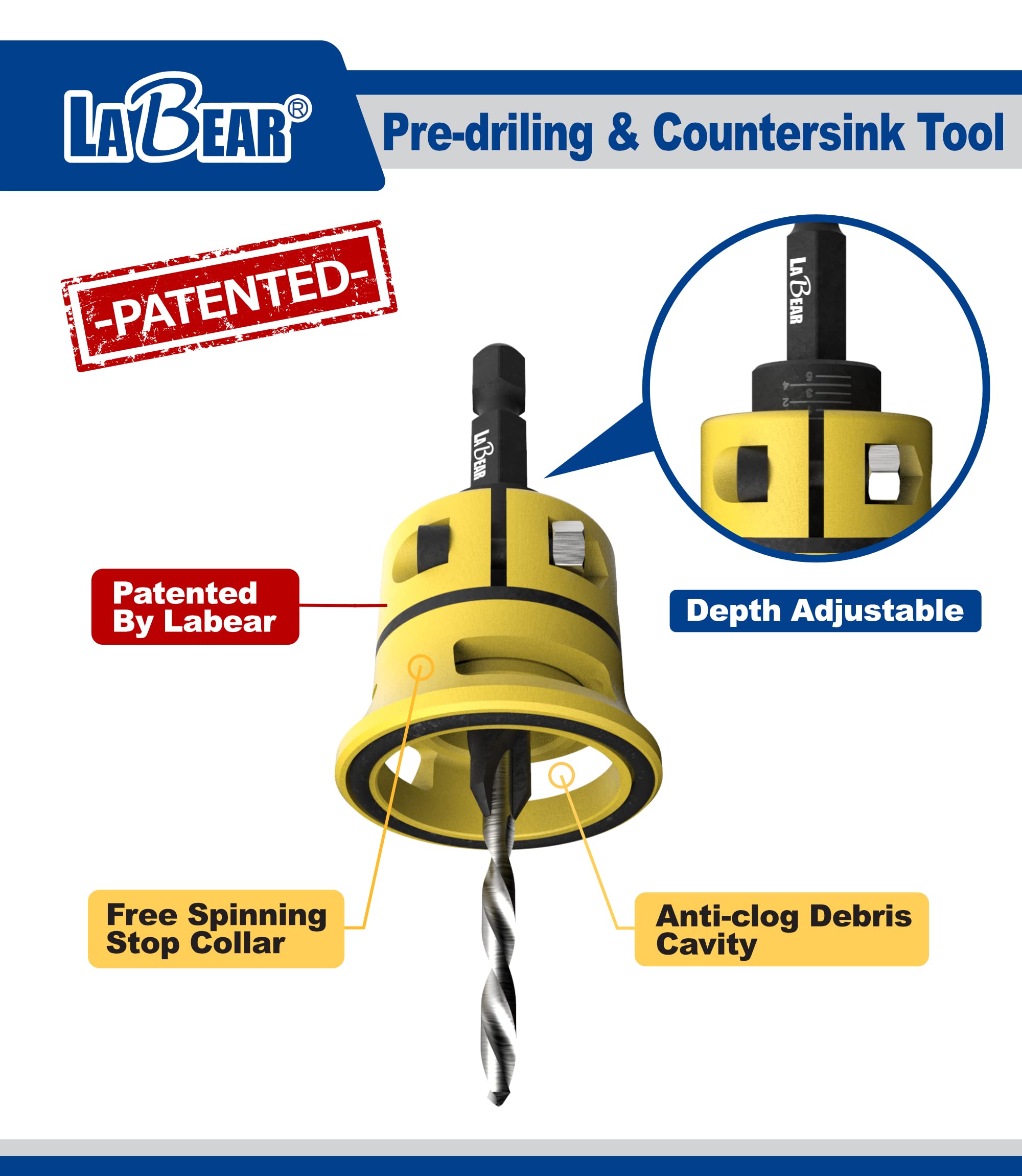 LaBear (#8) Countersink Drill bit Set, Countersink Drill bit, Countersink bit with Replaceable HSS Drill, 1/4" Hex Quick-Change Bits, Adjustable Low Friction Depth