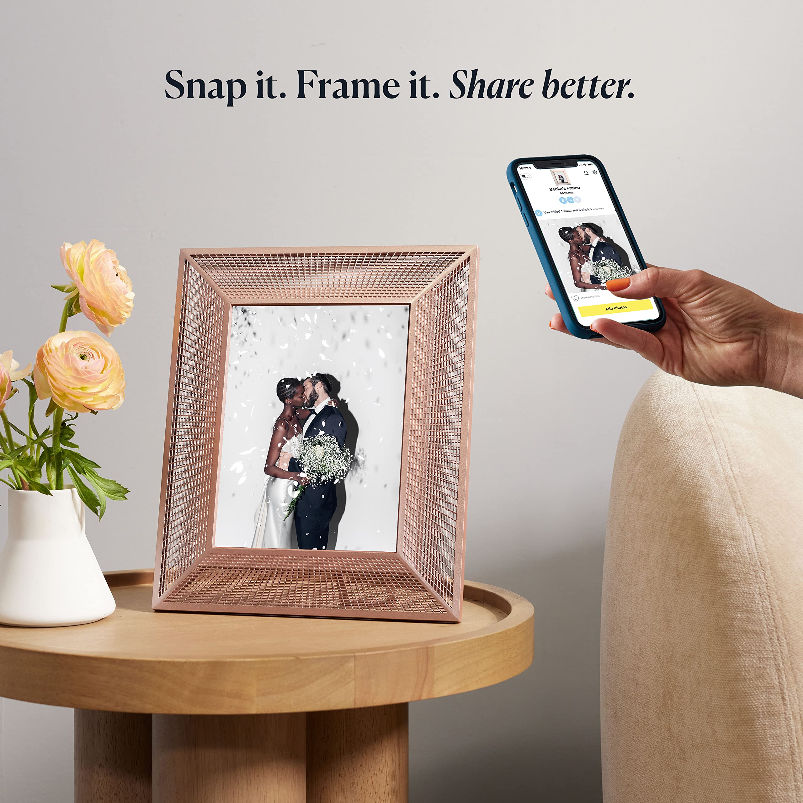 Aura Smith WiFi Digital Picture Frame | The Best Digital Frame for Gifting | Send Photos from Your Phone | 2K Display | Quick, Easy Setup in Aura App | Free Unlimited Storage | (Platinum Rose)