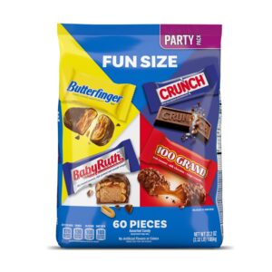 butterfinger, crunch, baby ruth and 100 grand, bulk 60 pack, assorted fun size chocolate candy bars, 37.2 oz